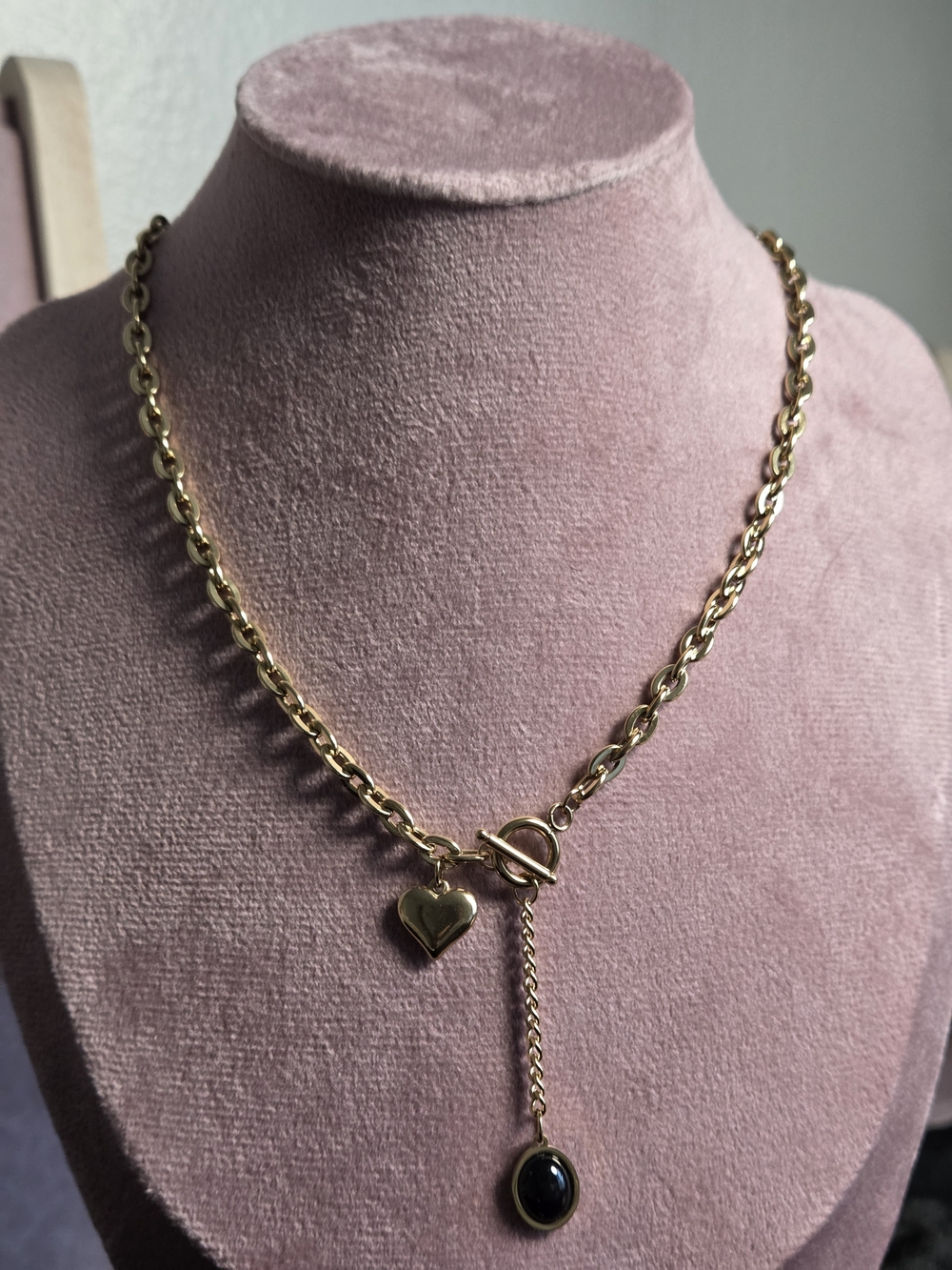 & Other Stories Gold Toggle Necklace with Black Pendant and Heart Charm